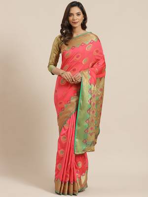Coral Woven Banarasi silk blend Saree With Blouse 1