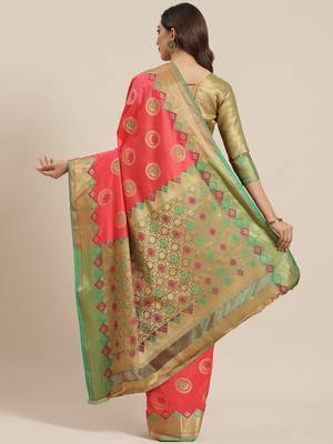 Coral Woven Banarasi silk blend Saree With Blouse 2