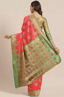 Coral Woven Banarasi silk blend Saree With Blouse