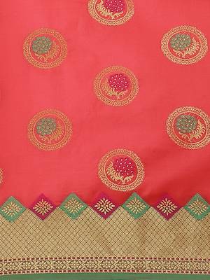Coral Woven Banarasi silk blend Saree With Blouse 3