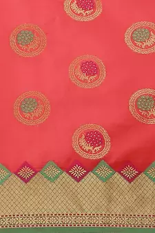 Coral Woven Banarasi silk blend Saree With Blouse