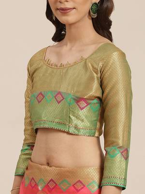 Coral Woven Banarasi silk blend Saree With Blouse 5