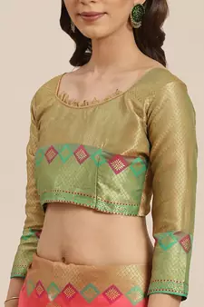 Coral Woven Banarasi silk blend Saree With Blouse