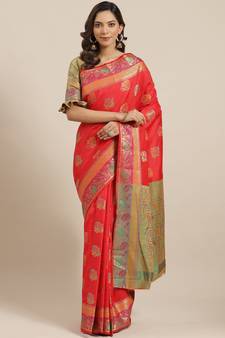 Red Woven Banarasi Silk Saree With Blouse