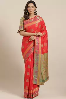 Red Woven Banarasi Silk Saree With Blouse