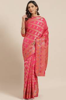 Pink Woven Banarasi Silk Saree With Blouse