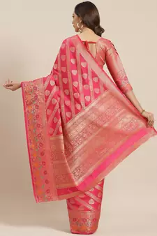Pink Woven Banarasi silk blend Saree With Blouse