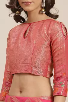 Pink Woven Banarasi silk blend Saree With Blouse