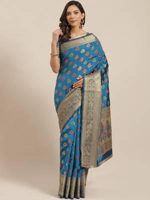 Turquoise Banarasi silk blend Woven Saree 1