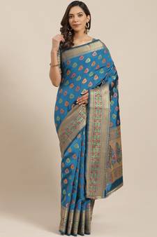 Turquoise Banarasi Silk Woven Saree
