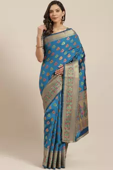 Turquoise Banarasi Silk Woven Saree