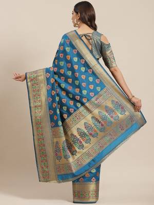 Turquoise Banarasi silk blend Woven Saree 2