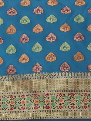 Turquoise Banarasi silk blend Woven Saree 3