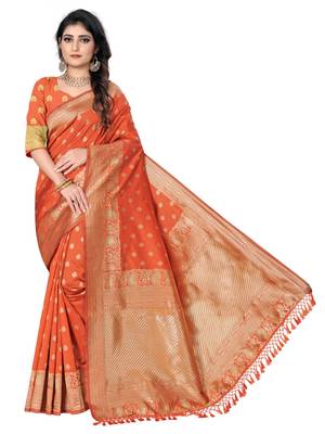 Orange printed cotton art silk saree with blouse 1