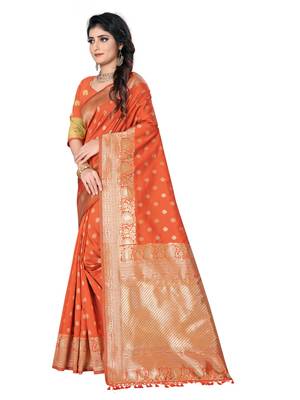 Orange printed cotton art silk saree with blouse 2