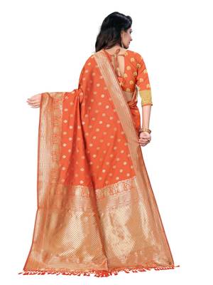 Orange printed cotton art silk saree with blouse 3