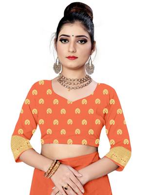 Orange printed cotton art silk saree with blouse 4