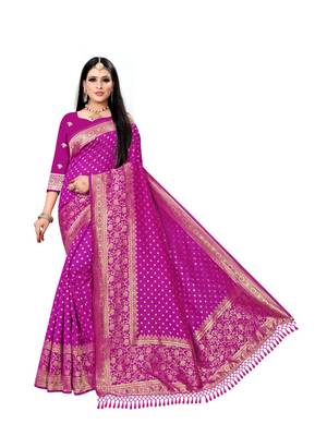 Rani pink printed banarasi saree with blouse 1
