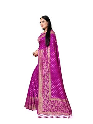 Rani pink printed banarasi saree with blouse 2