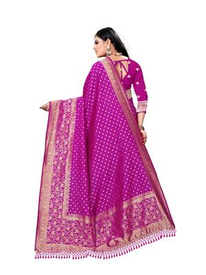 Rani pink printed banarasi saree with blouse 3
