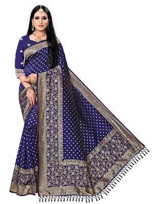 Navy blue printed banarasi saree with blouse 1