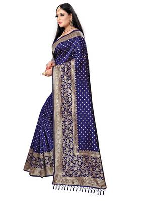 Navy blue printed banarasi saree with blouse 2