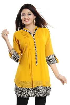 Yellow plain georgette short-kurtis 3
