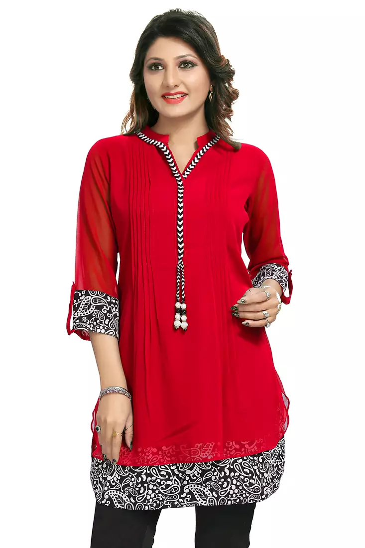 Red plain georgette short-kurtis