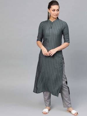 Women's Grey Striped Straight Kurta 1