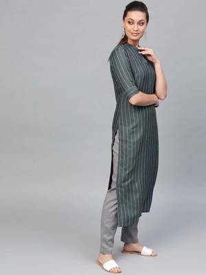 Women's Grey Striped Straight Kurta 2