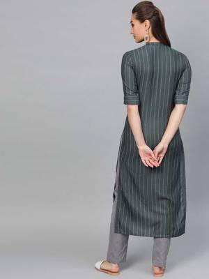 Women's Grey Striped Straight Kurta 3