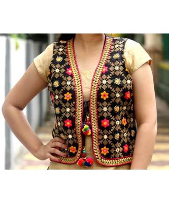 Black Base Flower Designed Foil Mirror Work Kutch Embroidered Long Koti With Pompom Tassels 1