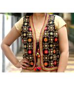 Black Base Flower Designed Foil Mirror Work Kutch Embroidered Long Koti With Pompom Tassels