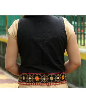 Black Base Flower Designed Foil Mirror Work Kutch Embroidered Long Koti With Pompom Tassels 2