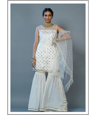 Cream Mokaish Kurti With Sharara Ruffle With Dupatta Set 1