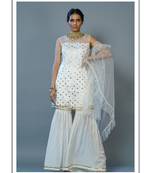 Cream Mokaish Kurti With Sharara Ruffle With Dupatta Set