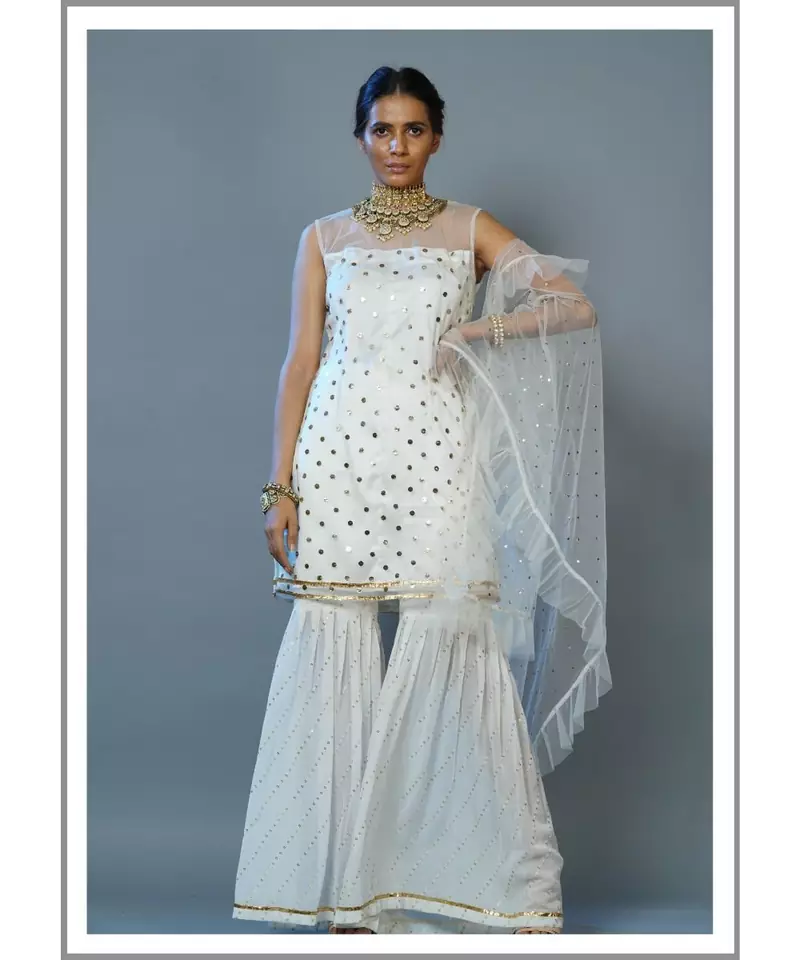 Cream Mokaish Kurti With Sharara Ruffle With Dupatta Set