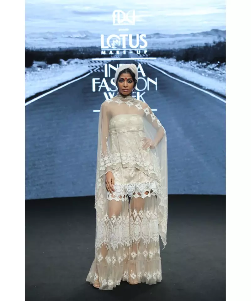 HEAVY LACE SHARARA WITH BEAD WORK DETAIL AND OFF SHOULDER KURTA WITH DUPPATA