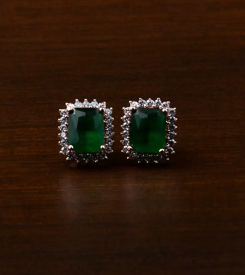 Rose Gold Plated Green Stone Embellished American Diamond Stud 216ED453