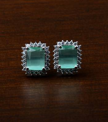 Rhodium Plated Mint Stone Embellished American Diamond Stud 216ED454 1