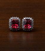 Rhodium Plated Magenta Stone Embellished American Diamond Stud 216ED459