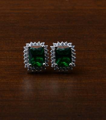 Rhodium Plated Green Stone Embellished American Diamond Stud 216ED460 1