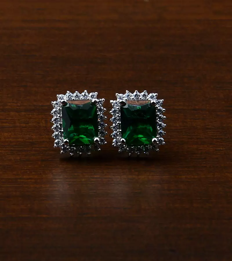 Rhodium Plated Green Stone Embellished American Diamond Stud 216ED460