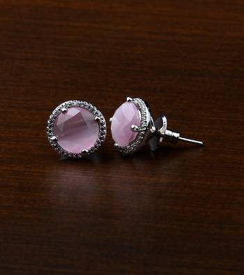 Rhodium Plated Baby Pink Stone Embellished American Diamond Stud 216ED466 1