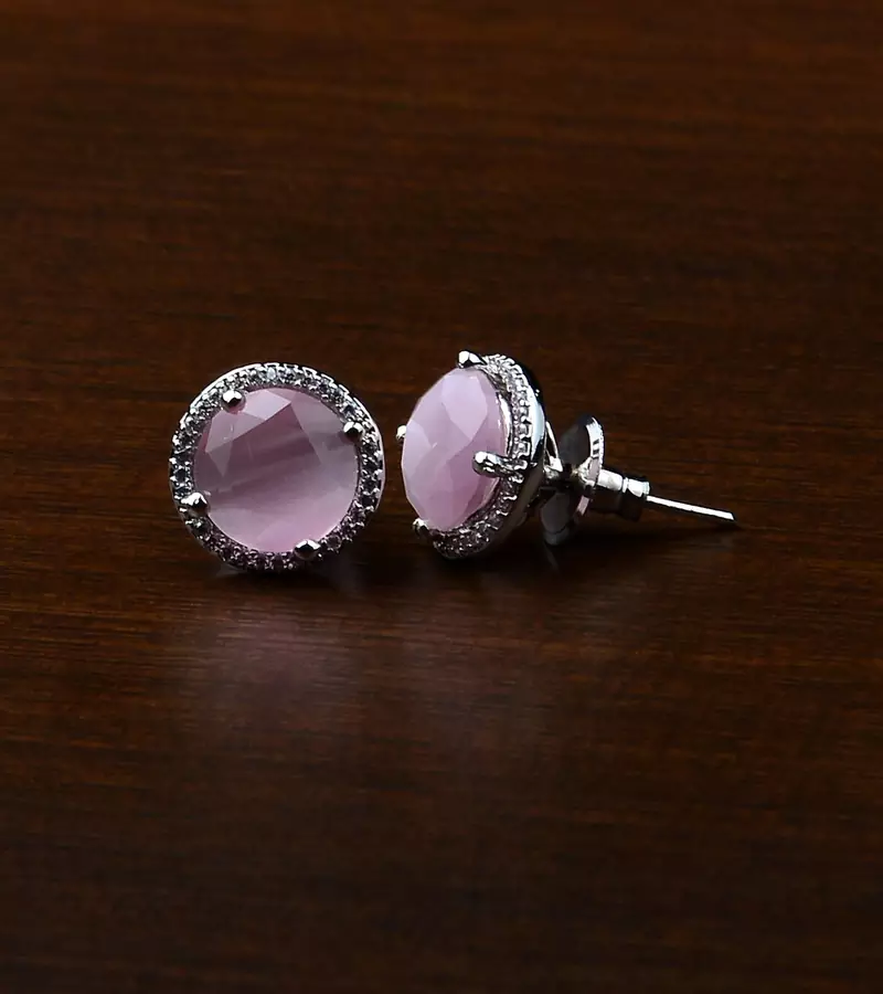 Rhodium Plated Baby Pink Stone Embellished American Diamond Stud 216ED466