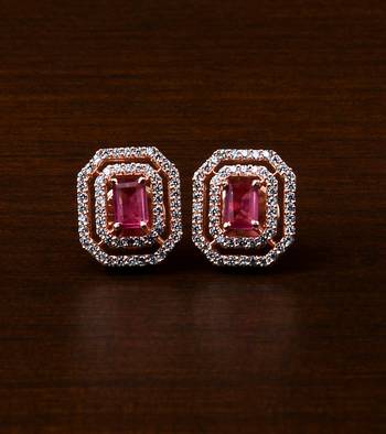 Rose Gold Plated Magenta Stone Embellished American Diamond Stud 216ED469 1