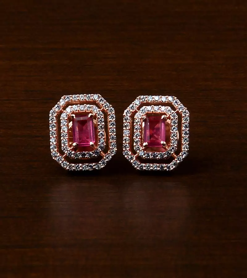 Rose Gold Plated Magenta Stone Embellished American Diamond Stud 216ED469