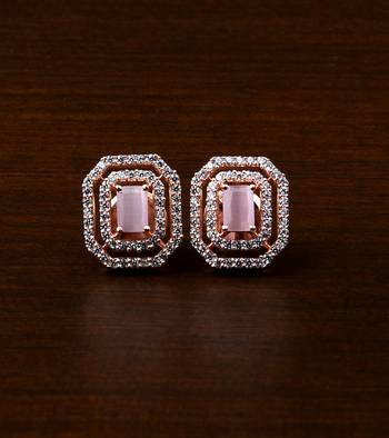 Rose Gold Plated Baby Pink Stone Embellished American Diamond Stud 216ED470 1