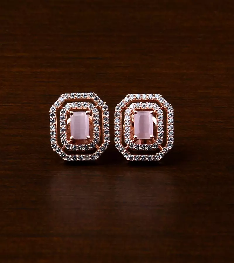 Rose Gold Plated Baby Pink Stone Embellished American Diamond Stud 216ED470