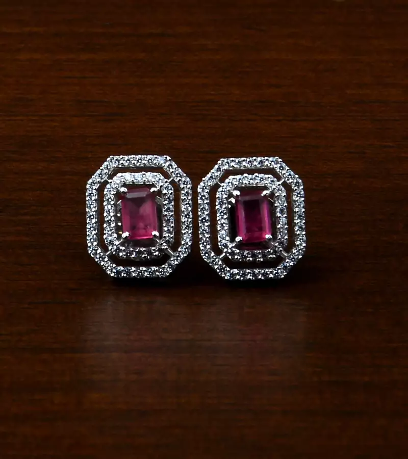 Rhodium Plated Magenta Stone Embellished American Diamond Stud 216ED473